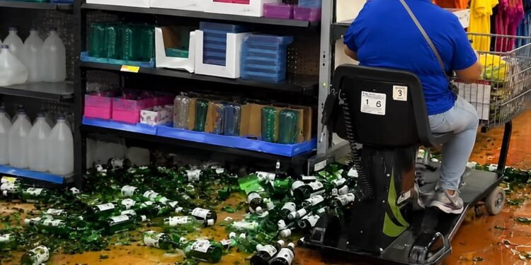 ¡Carrito fuera de control! Mujer choca en supermercado y deja decenas de botellas rotas