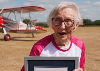 A sus 97 años vuelve a desafiar el cielo al viajar sujeta al ala de un avión acrobático