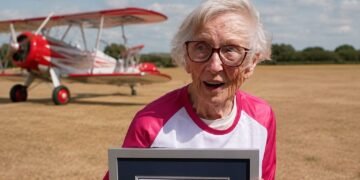 A sus 97 años vuelve a desafiar el cielo al viajar sujeta al ala de un avión acrobático