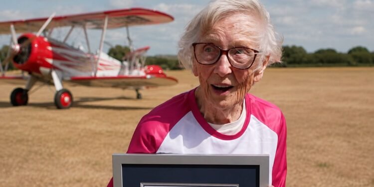 A sus 97 años vuelve a desafiar el cielo al viajar sujeta al ala de un avión acrobático